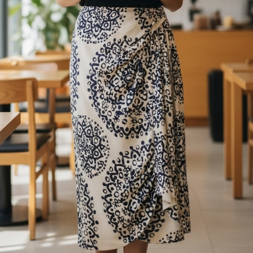 Anne Klein - Black & White Silk & Nylon Faux Wrap Skirt W/Abstract Design, - Picture 2 of 9